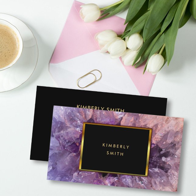 Gold purple amethyst gemstone geode. business card (Elegant purple amethyst gemstone, black and gold professional business card.)