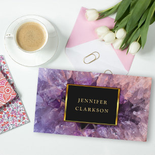 Gold purple amethyst gemstone geode mineral. business card