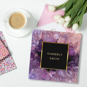 Gold purple amethyst gemstone geode square business card