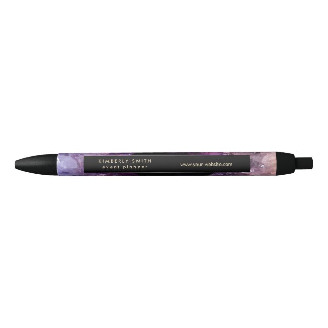 Gold purple amethyst gemstone mineral black ink pen (Front)