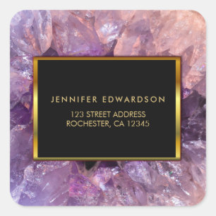 Gold purple amethyst gemstone return address square sticker