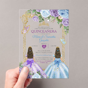 Gold Purple And Blue Floral Crown Twin Quinceañera Acrylic Invitations