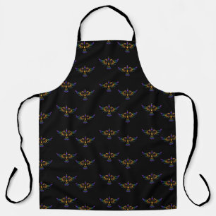 Gold, purple and green abstract bird on black apron
