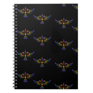 Gold, purple and green abstract bird on black notebook