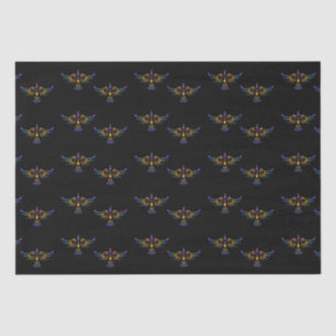 Gold, purple and green abstract bird on black tissue paper