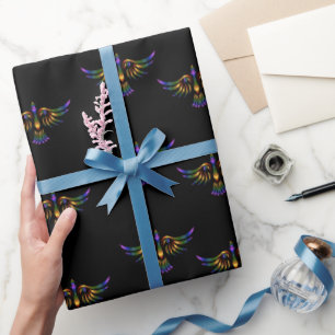 Gold, purple and green abstract bird on black wrapping paper
