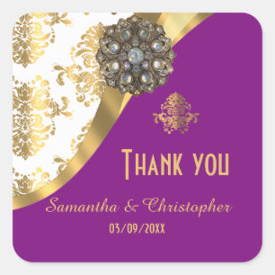 Gold, purple and white damask pattern thank you square sticker