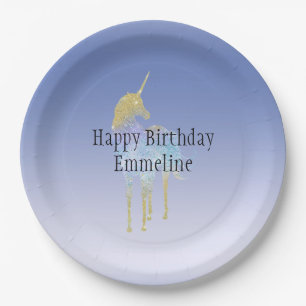 Gold Purple Aqua Glitter Unicorn   Paper Plate