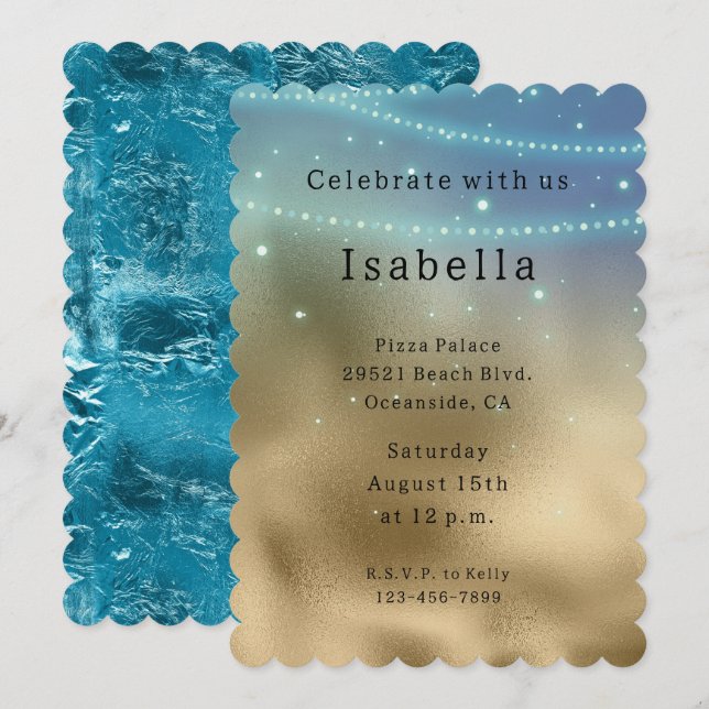 Gold Purple Aqua Sparkle Glitzy Mermaid Birthday Invitation (Front/Back)