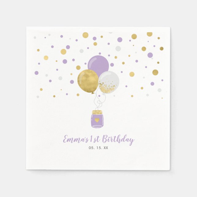 Gold & Purple Balloons & Confetti Girl Birthday Napkin (Front)