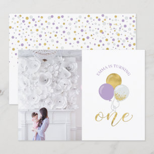 Gold & Purple Balloons   Girl 1st Birthday Party Invitation