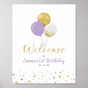 Gold & Purple Balloons Girl 1st Birthday Welcome Poster