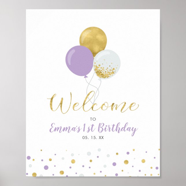 Gold & Purple Balloons Girl 1st Birthday Welcome Poster (Front)