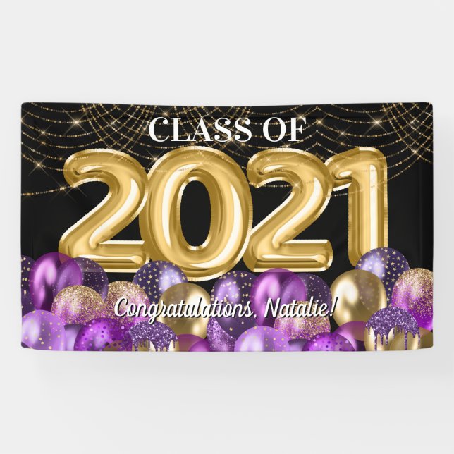 Gold Purple Balloons Graduation Class of 2021 Banner (Horizontal)