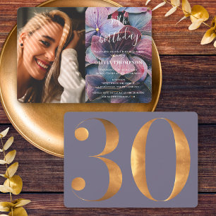Gold Purple Blue Hydrangeas 30th Birthday Photo Invitation