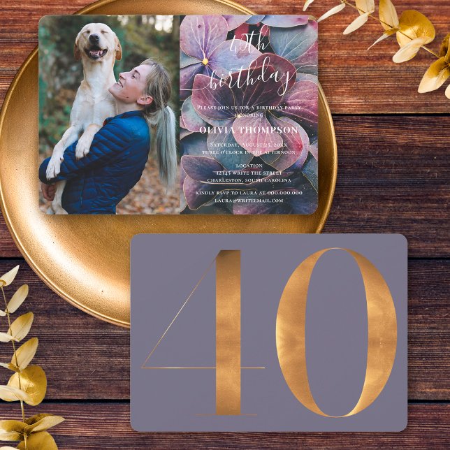 Gold Purple Blue Hydrangeas 40th Birthday Photo Invitation (Front / Back)