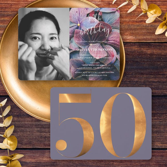 Gold Purple Blue Hydrangeas 50th Birthday Photo Invitation (Front / Back)