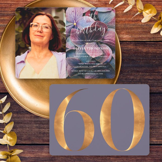 Gold Purple Blue Hydrangeas 60th Birthday Photo Invitation (Front / Back)