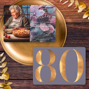 Gold Purple Blue Hydrangeas 80th Birthday Photo Invitation