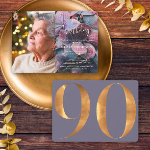 Gold Purple Blue Hydrangeas 90th Birthday Photo Invitation