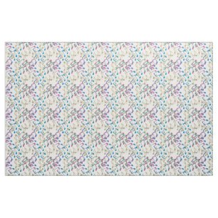 Gold Purple Blue Music Notes Pattern White Fabric