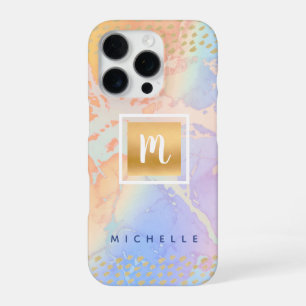 Gold purple blue watercolor modern monogram name iPhone 16 pro case
