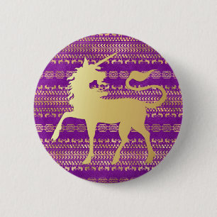 Gold & Purple Bohemian Pattern & Unicorn 6 Cm Round Badge