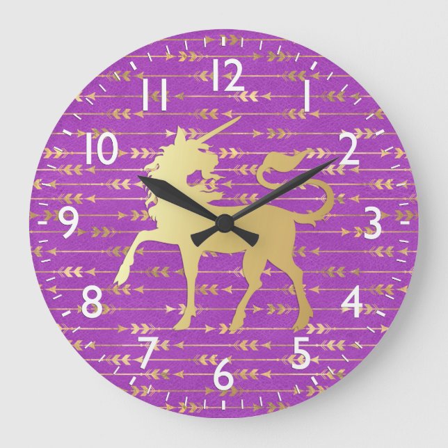 Gold & Purple Bohemian Pattern & Unicorn Large Clock (Front)