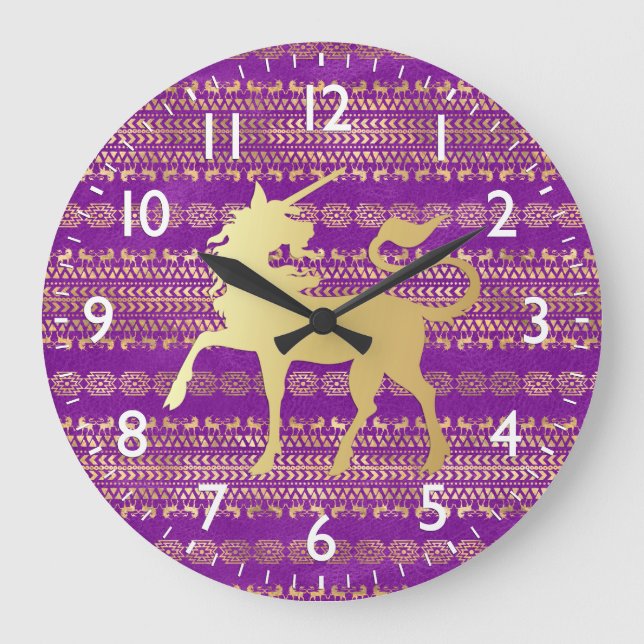 Gold & Purple Bohemian Pattern & Unicorn Large Clock (Front)