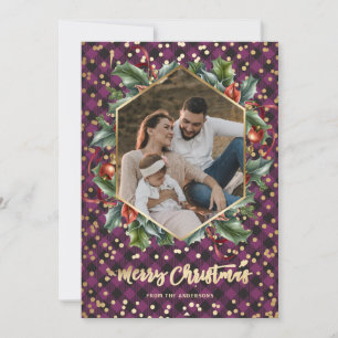Gold Purple Buffalo Plaid Photo Christmas Cards