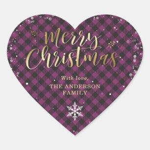 Gold Purple Buffalo Plaid Snowflake Christmas Heart Sticker