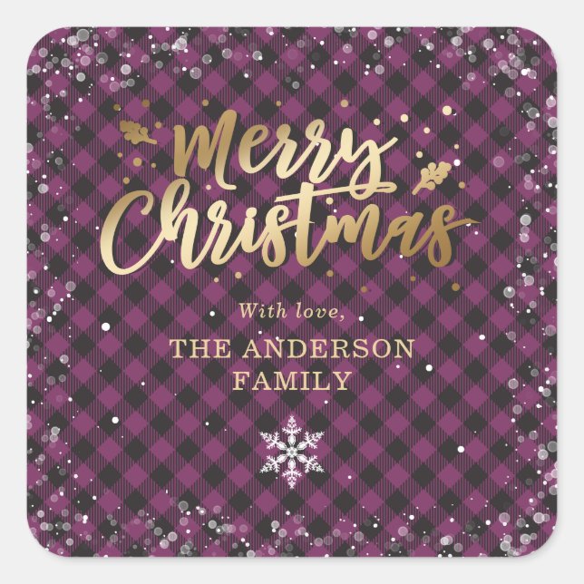 Gold Purple Buffalo Plaid Snowflake Christmas Square Sticker (Front)