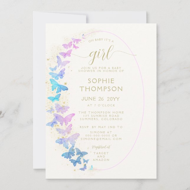 Gold Purple Butterfly Boho Frame Girl Baby Shower Invitation (Front)