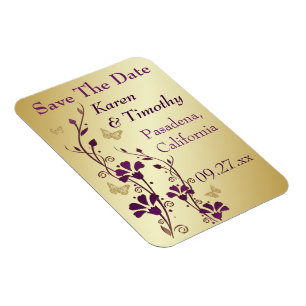 Gold, Purple Butterfly Floral Save The Date Magnet