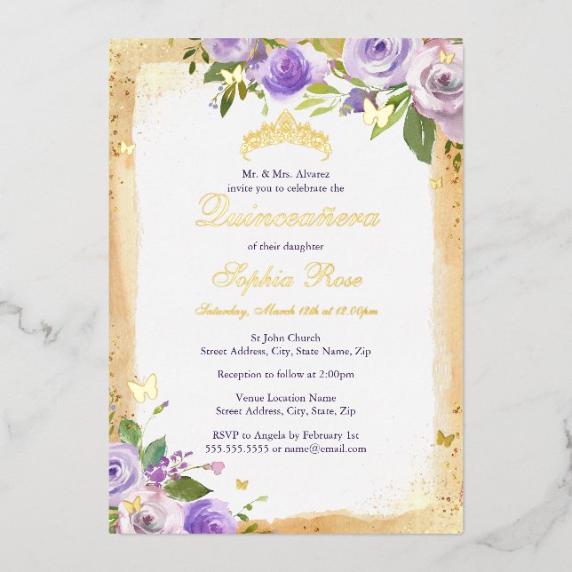 Gold Purple Butterfly Rose Floral Quinceanera (Front)