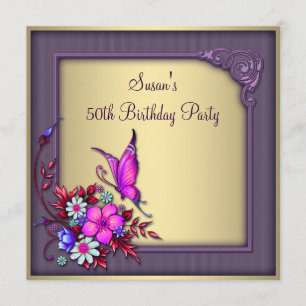 Gold Purple Butterfly Womans 50th Birthday Party Invitation