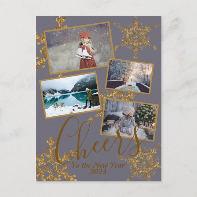 Gold Purple Cheers to the New Year Snowflake Photo Postcard (Front)