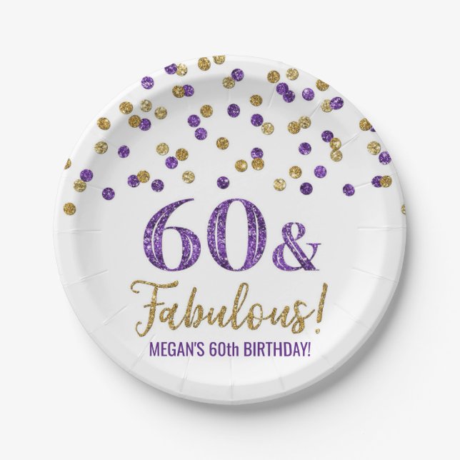 Gold Purple Confetti 60 and Fabulous  Paper Plate (Front)