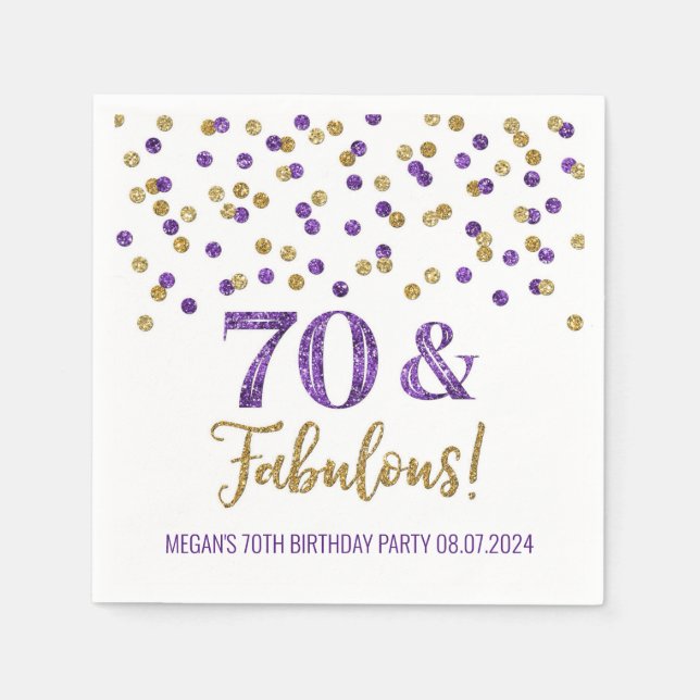 Gold Purple Confetti 70 & Fabulous Napkin (Front)