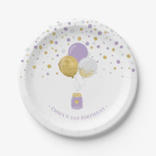 Gold & Purple Confetti Balloons 1st Birthday Paper Plate