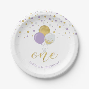 Gold & Purple Confetti Balloons 1st Birthday Party Paper Plate