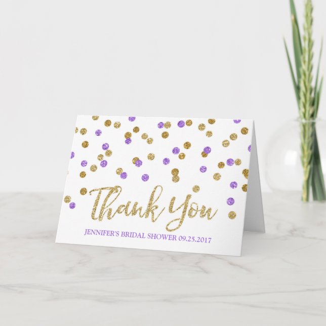 Gold Purple  Confetti Bridal Shower Thank You (Front)