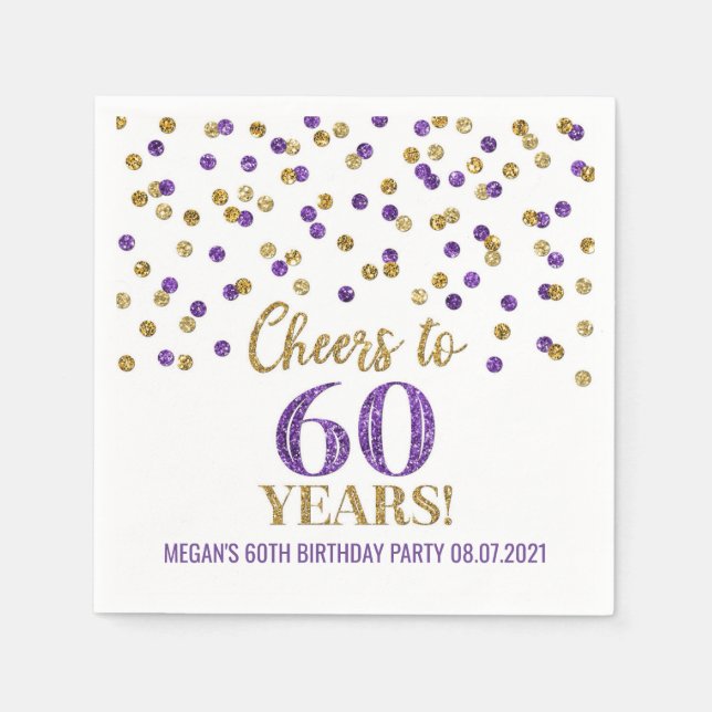 Gold Purple Confetti Cheers to 60 Years Birthday Napkin (Front)