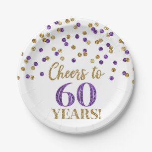 Gold Purple Confetti Cheers to 60 Years Birthday Paper Plate