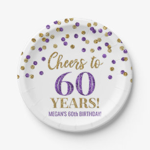 Gold Purple Confetti Cheers to 60 Years Birthday Paper Plate