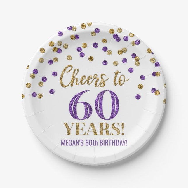 Gold Purple Confetti Cheers to 60 Years Birthday Paper Plate (Front)