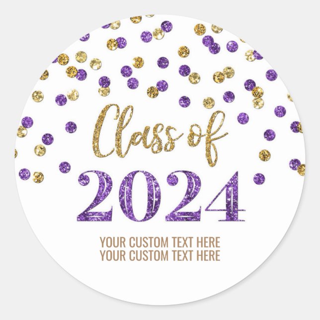 Gold Purple Confetti Graduation 2024 Classic Round Sticker (Front)