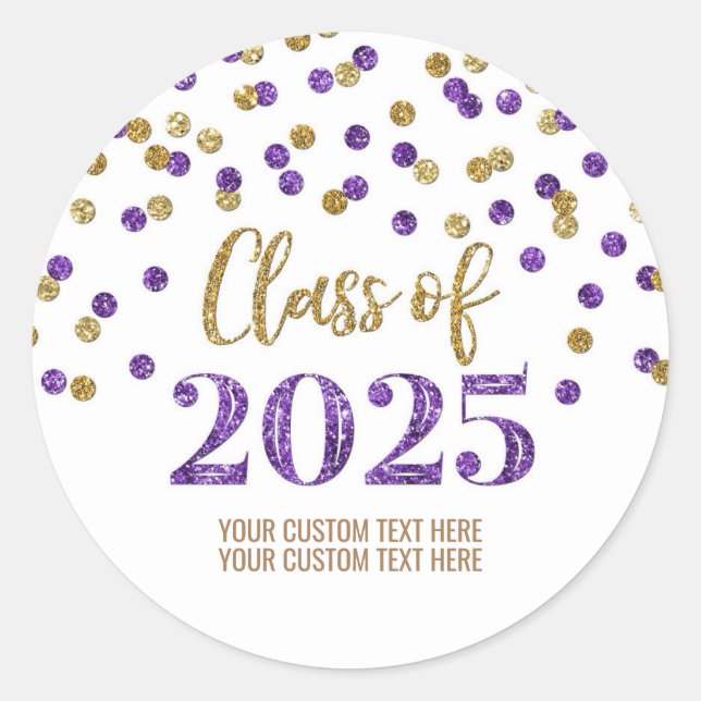 Gold Purple Confetti Graduation 2025 Classic Round Sticker (Front)