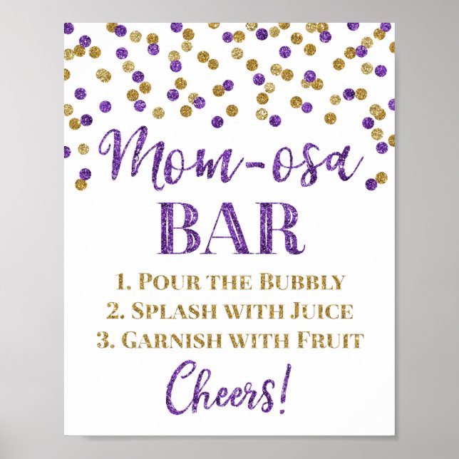 Gold Purple Confetti Mum-osa Bar Sign Baby Shower (Front)