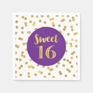 Gold Purple Confetti Sweet 16 Birthday Napkin